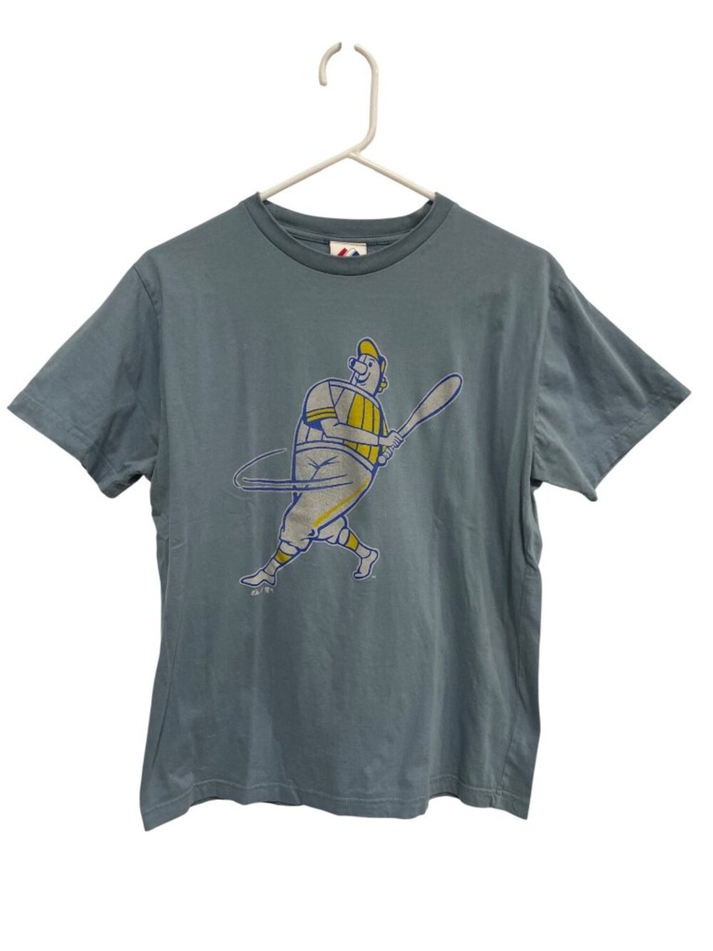 Majestic Graphic Baseball Player Tee Crewneck Short Sleeve Blue Retro Sportswear